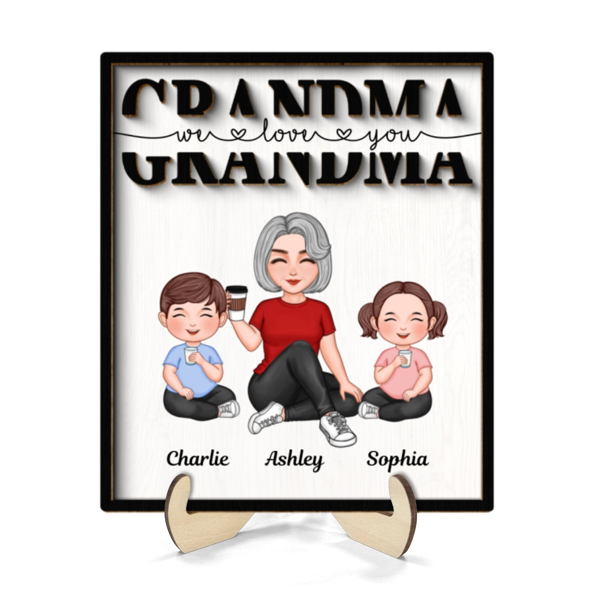 Grandma Mom Auntie Kids Sitting We Love You Mother‘s Day Gift Personalized 2-Layer Wooden Plaque
