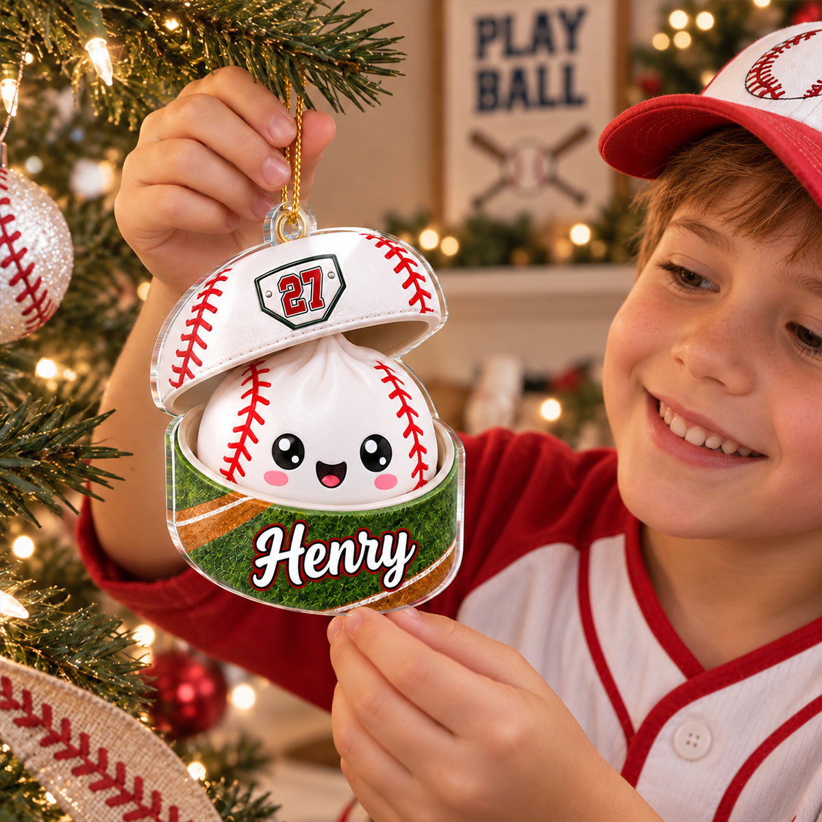 Custom Baseball Dumpling Squishy Style - Personalized Acrylic Ornament - Christmas Gift for Daughter, Son, Grandkids
