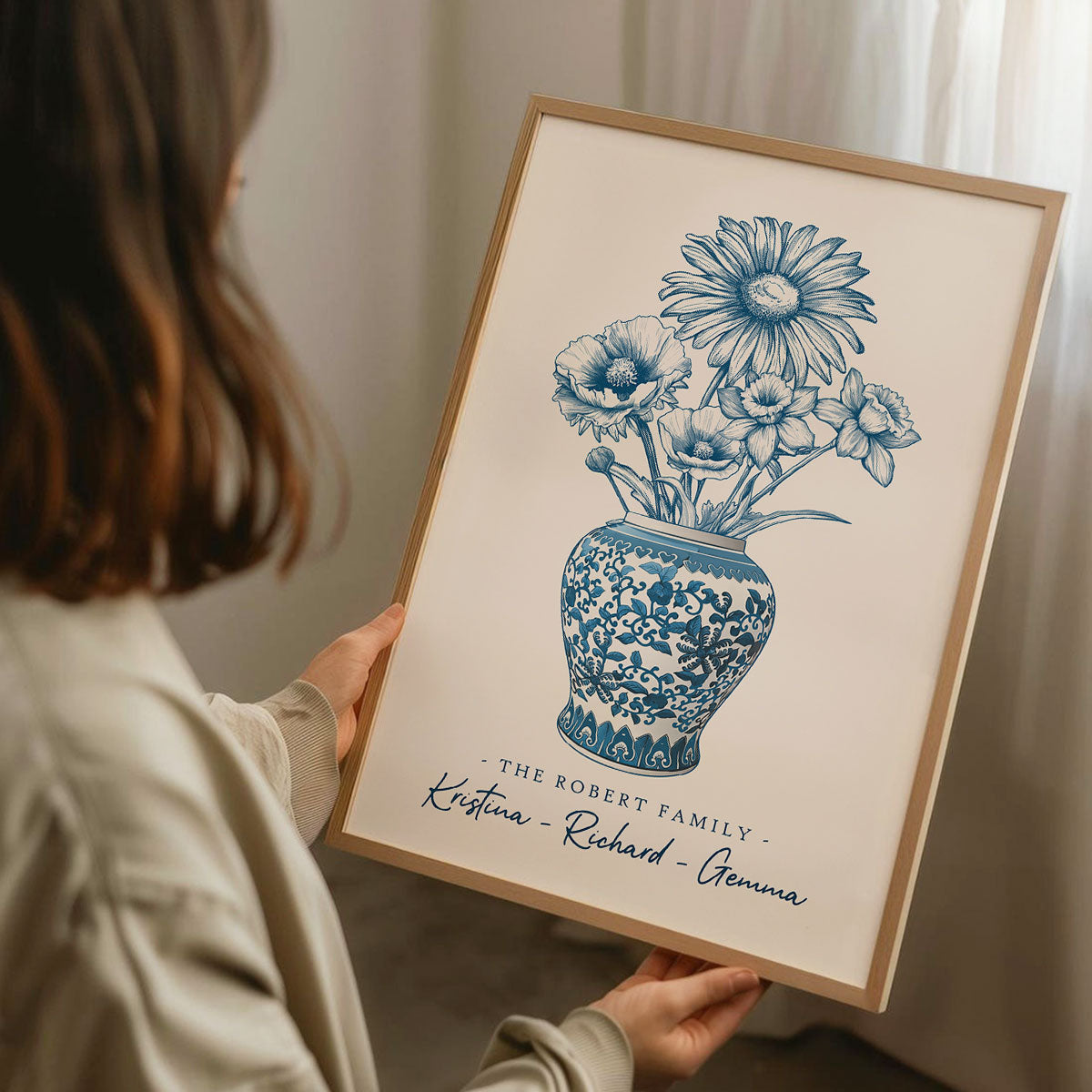 Family Birth Flower Blue Chinoiserie Vase Personalized Poster, Home Decor, Housewarming Gift