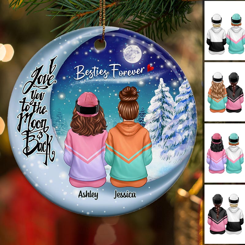 Besties Sisters Sitting On Moon Winter Personalized Circle Ornament