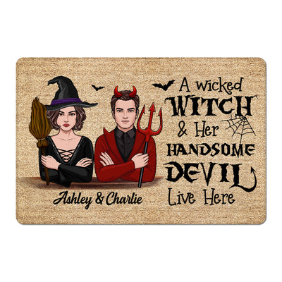 Wicked Witch And Handsome Devil Live Here Halloween Couple Vector Personalized Doormat