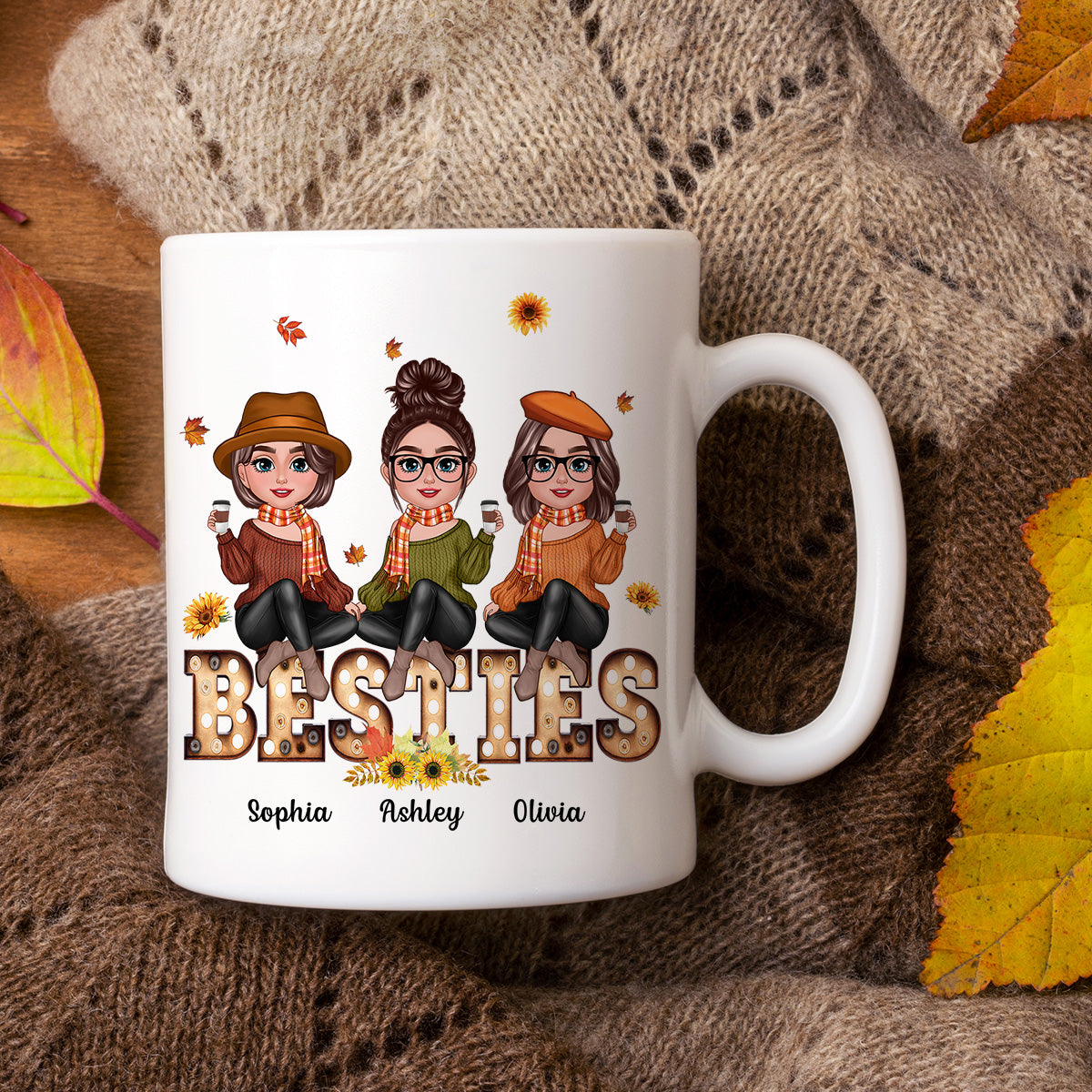 Fall Season Besties Sisters Sitting On Text Marquee Light Personalized Mug