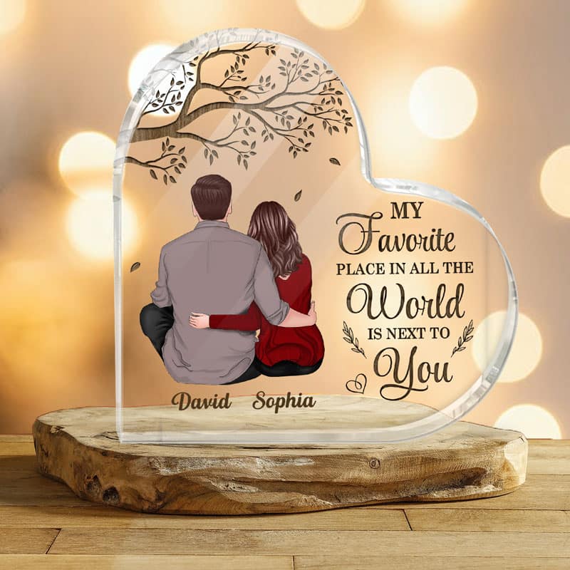 Back View Couple Sitting Under Tree Personalized Acrylic Heart Plaque