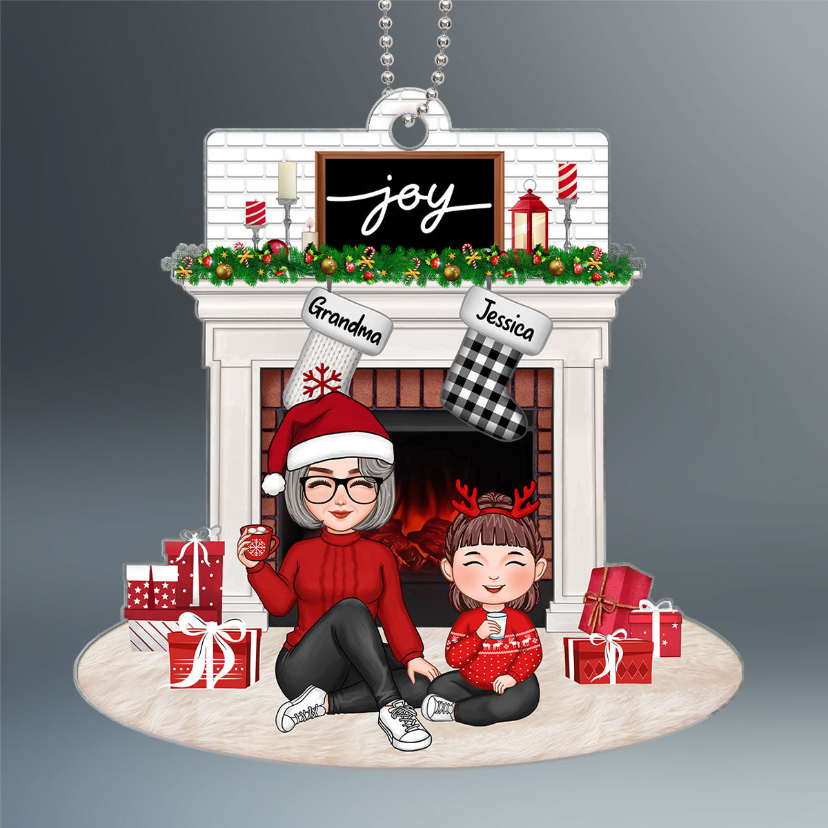 Cute Grandpa Grandma Grandkid Sitting At Christmas Fireplace Personalized Acrylic Ornament