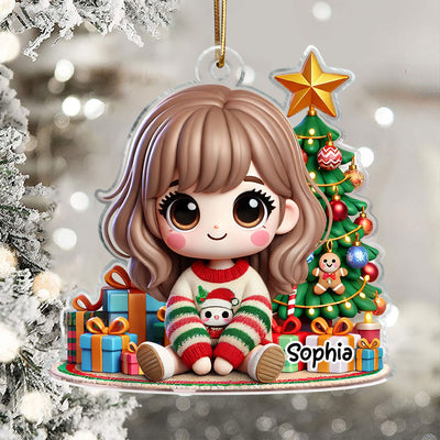 Cute Granddaughter Grandson Kid Sitting With Christmas Tree And Gift Personalized Acrylic Ornament, Gift For Grandkids