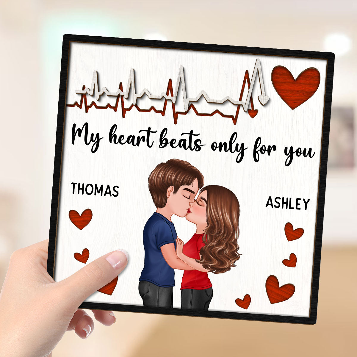 My Heart Beats Only For You Couple Hugging Kissing Valentine‘s Day Gift For Him For Her Personalized 2-Layer Wooden Plaque