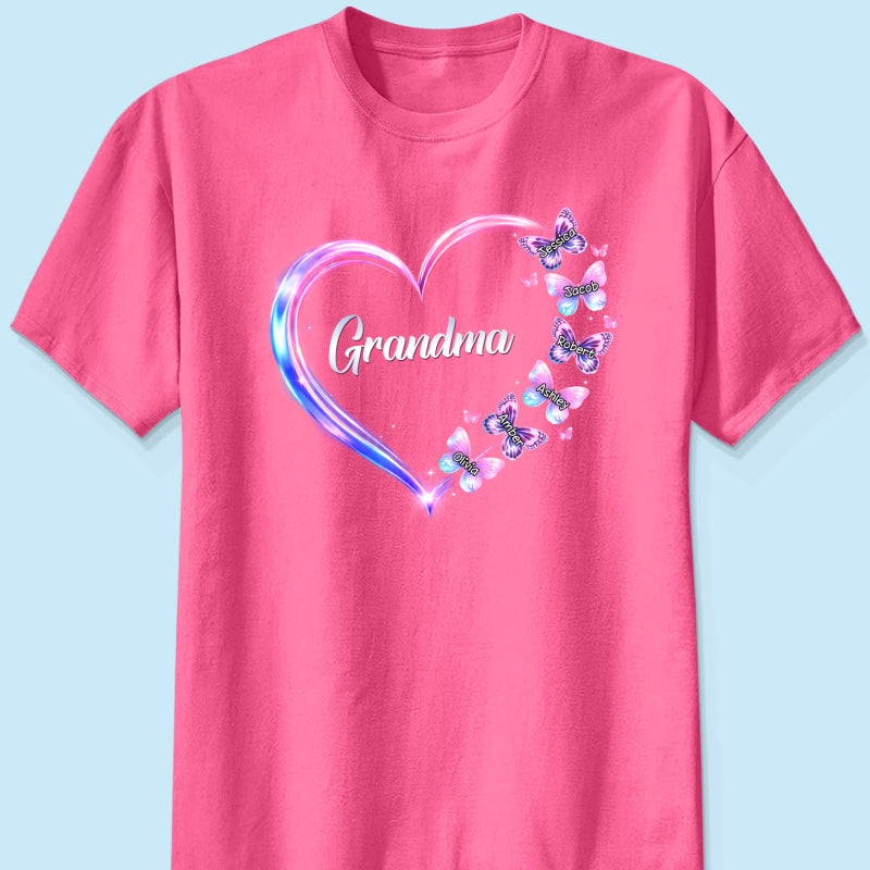 Grandma Mom Butterfly Heart with Kids' Names - Personalized Shirt - Sentimental Gift for Grandma, Mom