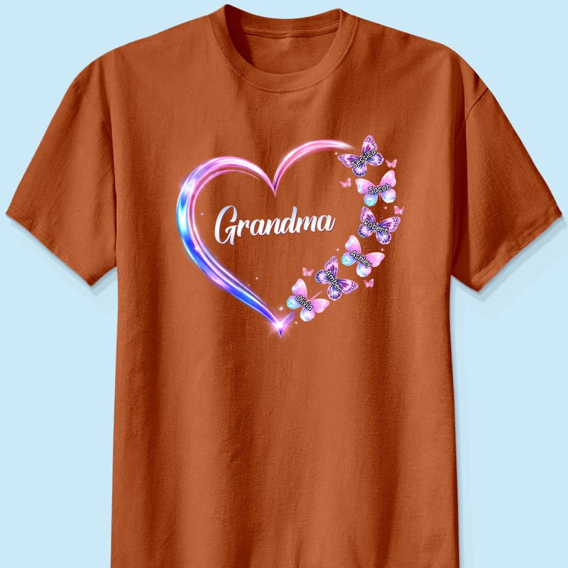 Grandma Mom Butterfly Heart with Kids' Names - Personalized Shirt - Sentimental Gift for Grandma, Mom