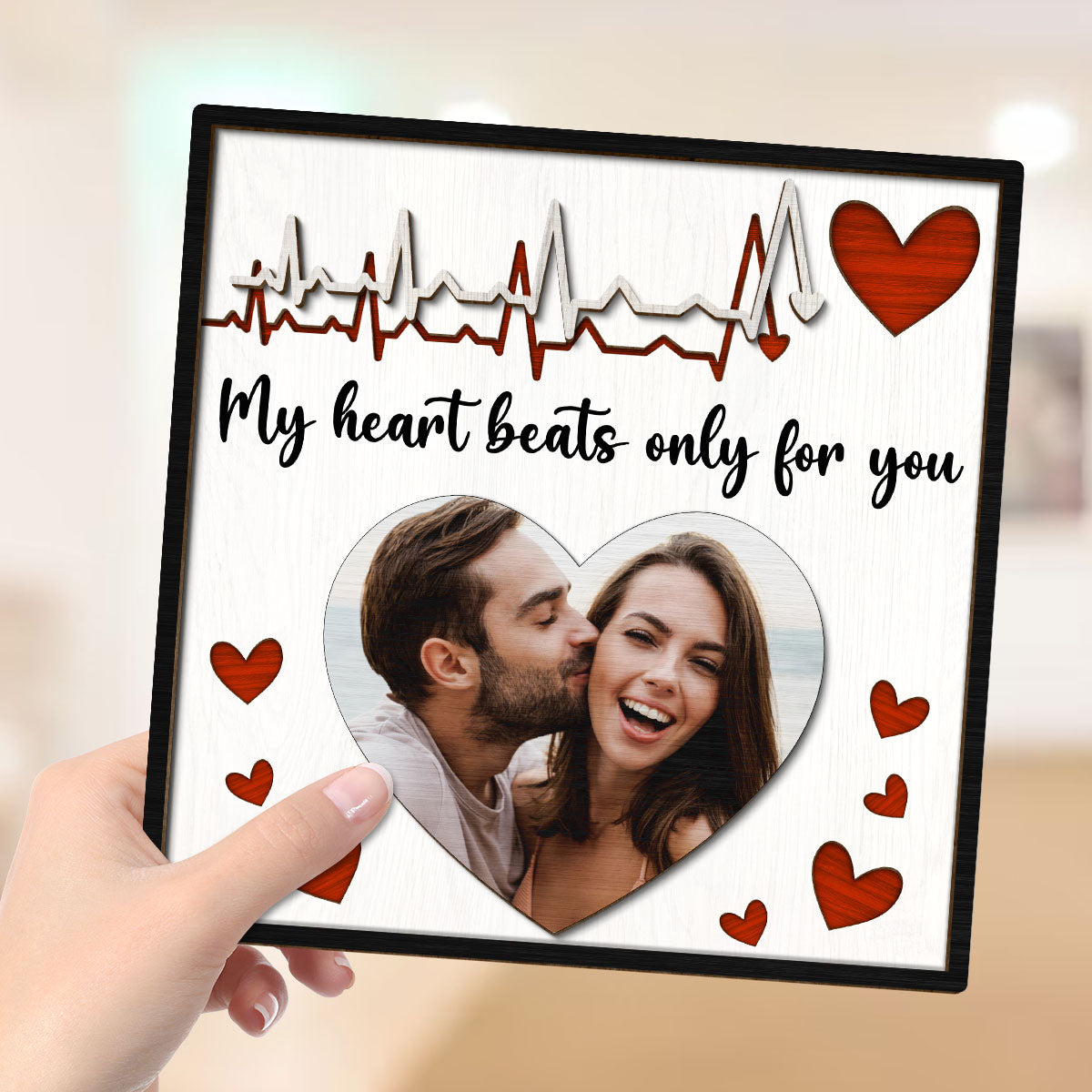 My Heart Beats Only For You Couple Photo Valentine‘s Day Gift For Him For Her Personalized 2-Layer Wooden Plaque