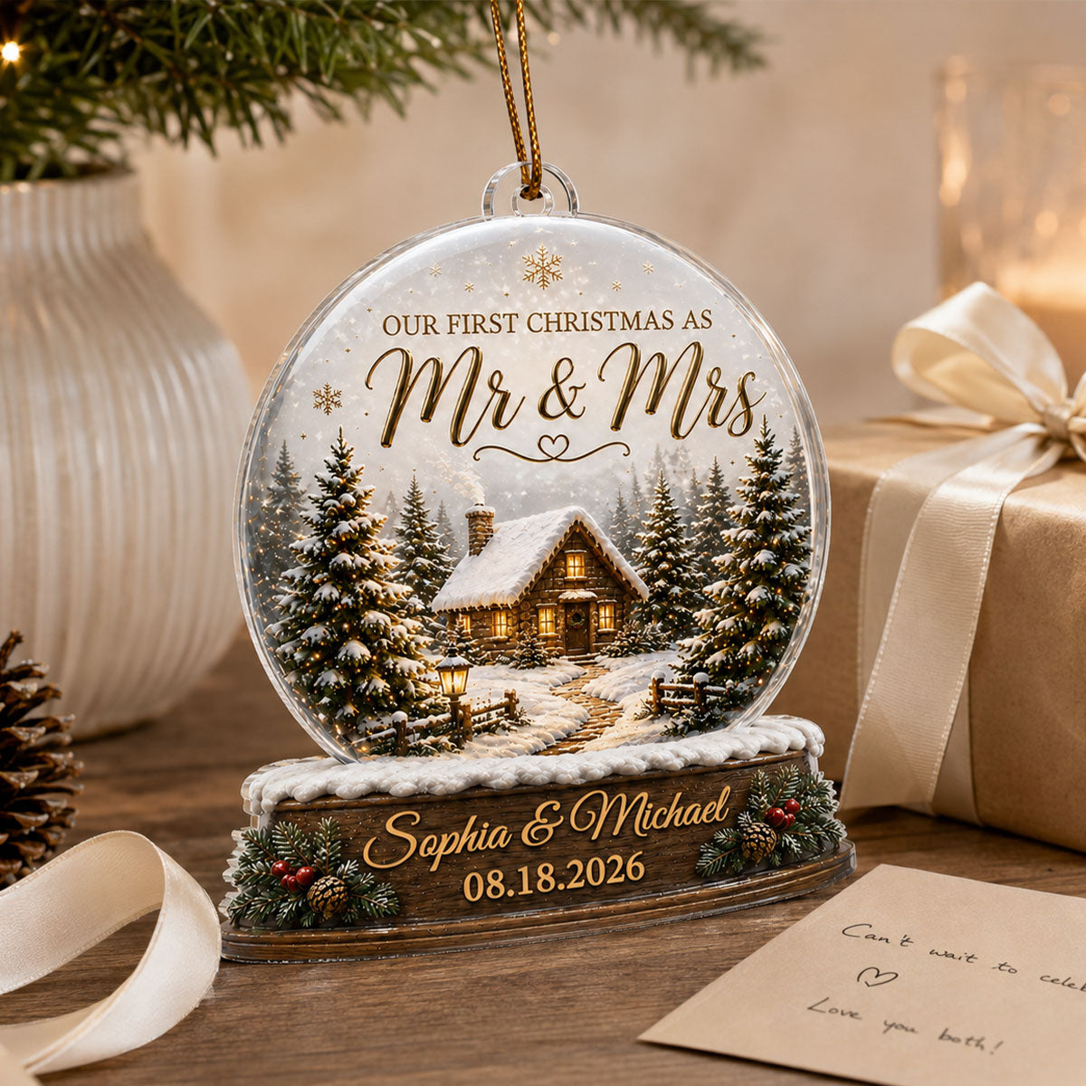 First Christmas Married - Personalized Acrylic Ornament - Custom Mr and Mrs Keepsake, Winter Cabin Ornament, Newlywed Gift