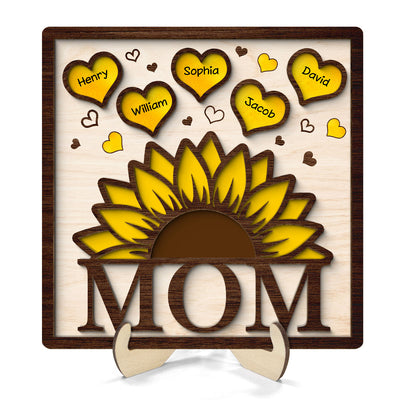 Grandma Mom Sunflower Hearts With Kids Names Personalized 2-layer Wooden Plaque