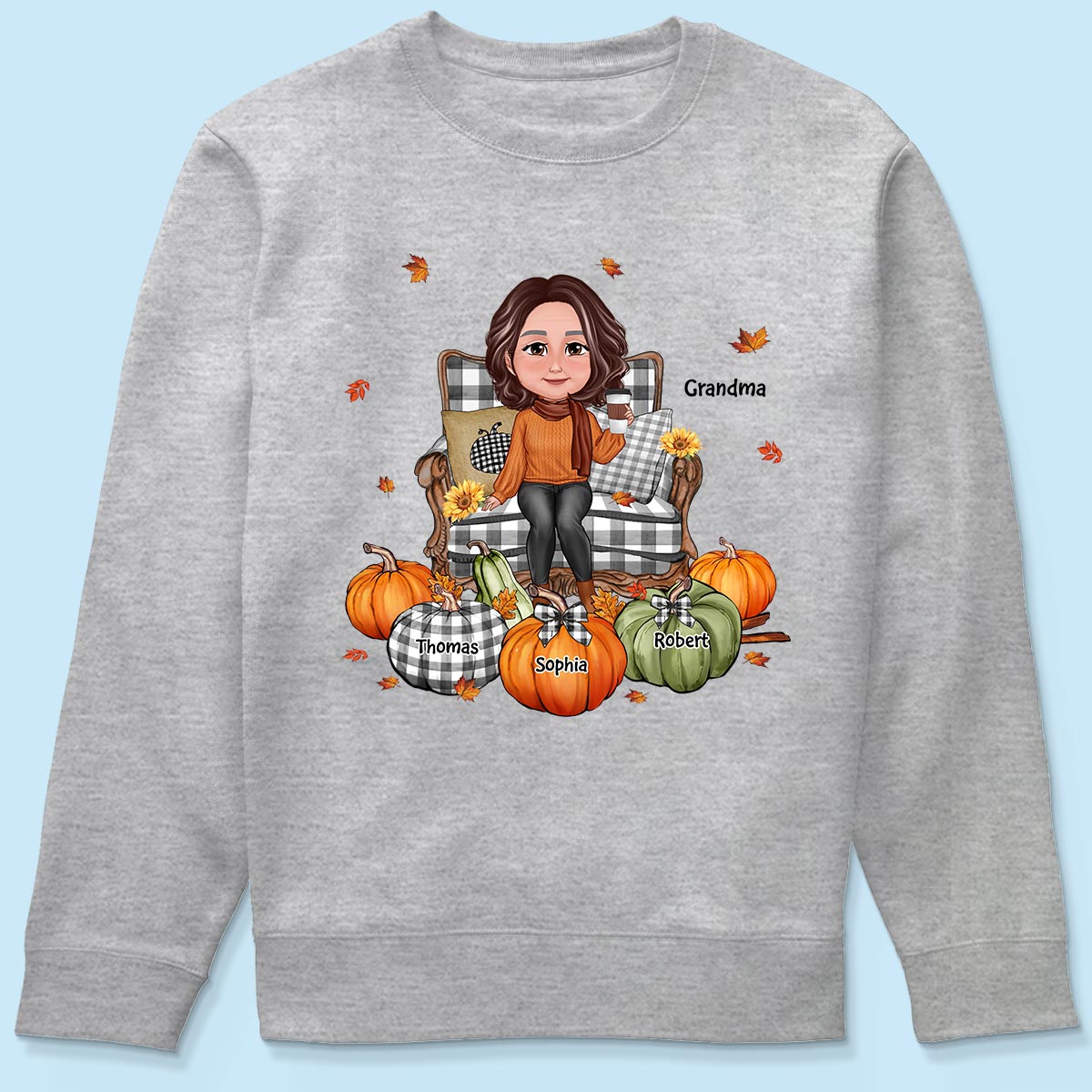 Grandma Sitting On Chair Pumpkins Personalized Shirt