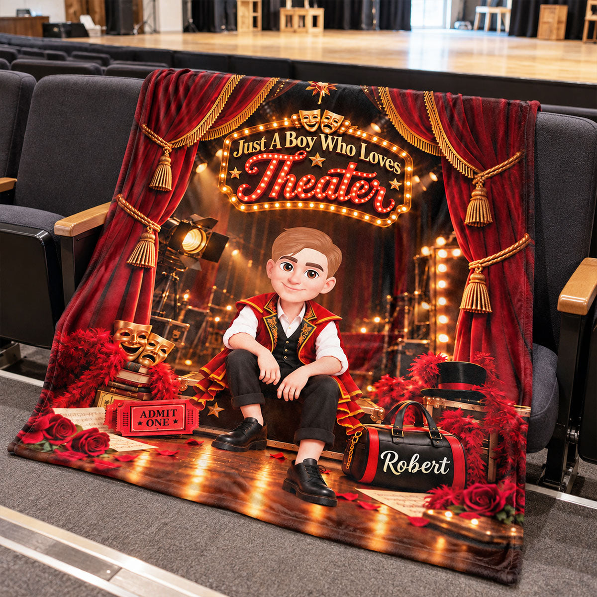 Just a Boy Who Loves Theater - Personalized Fleece Blanket - Christmas Gift for Son, Grandson