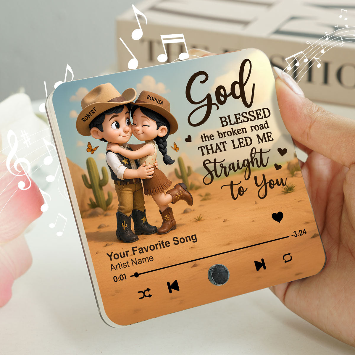 Favorite Place Is Next To You Cartoon Style Countryside Couple Cowboy Cowgirl Personalized Music Fridge Magnet