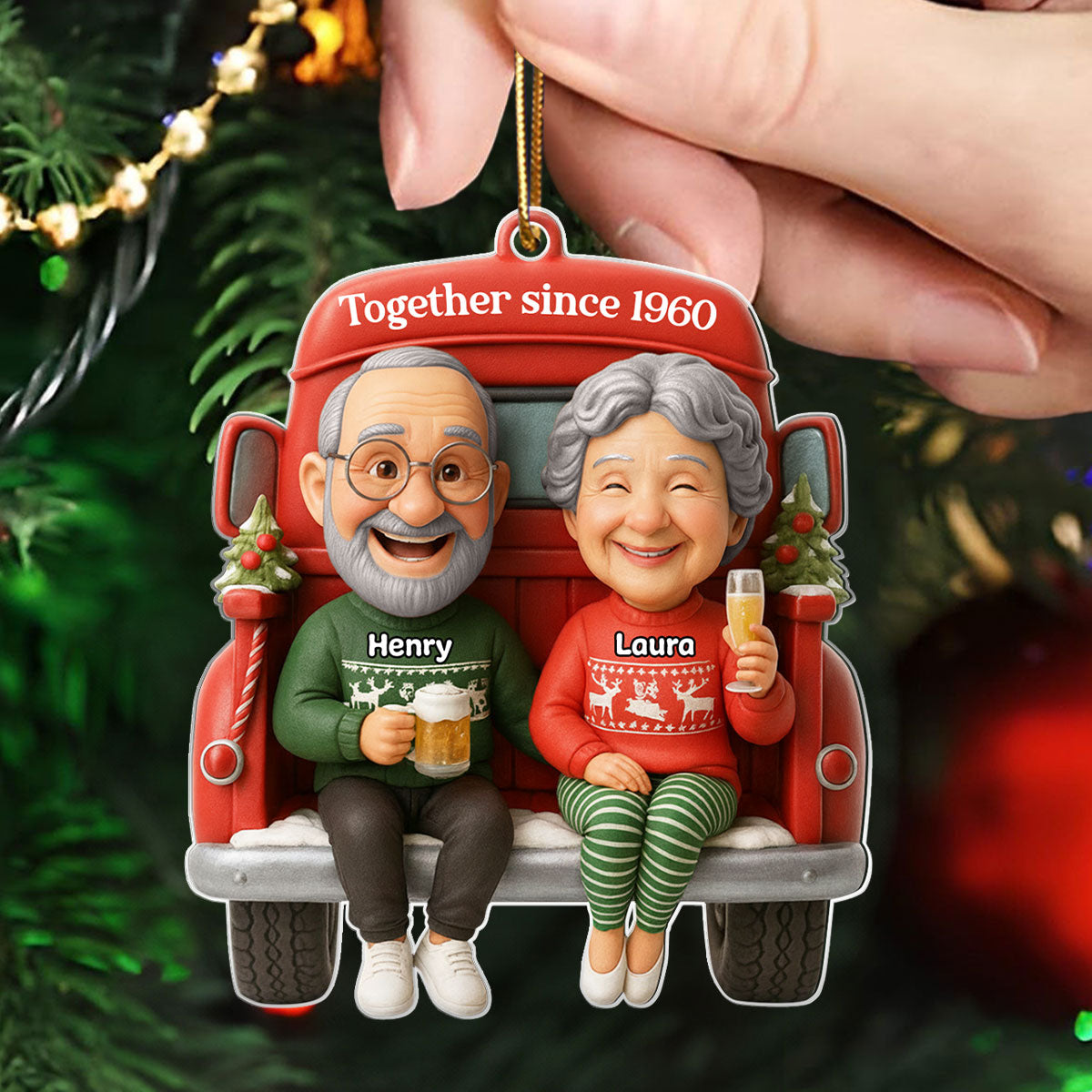 Old Couple Sitting on Christmas Truck - Personalized Acrylic Ornament - Christmas Gift for him, Gift for her