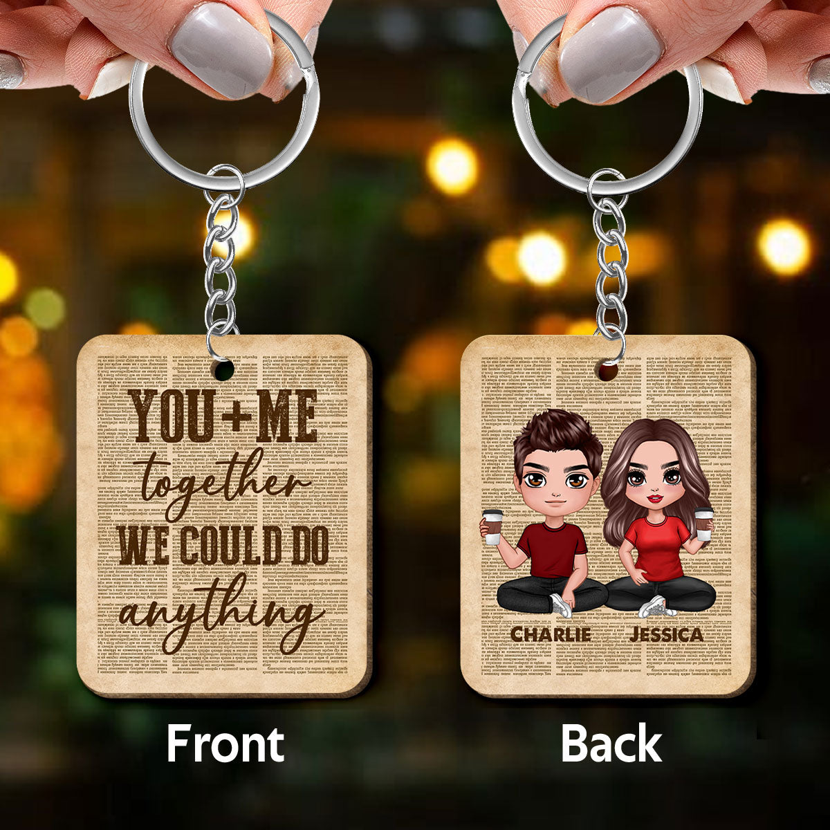 You And Me Together Couple Newspaper Personalized Wooden Keychain