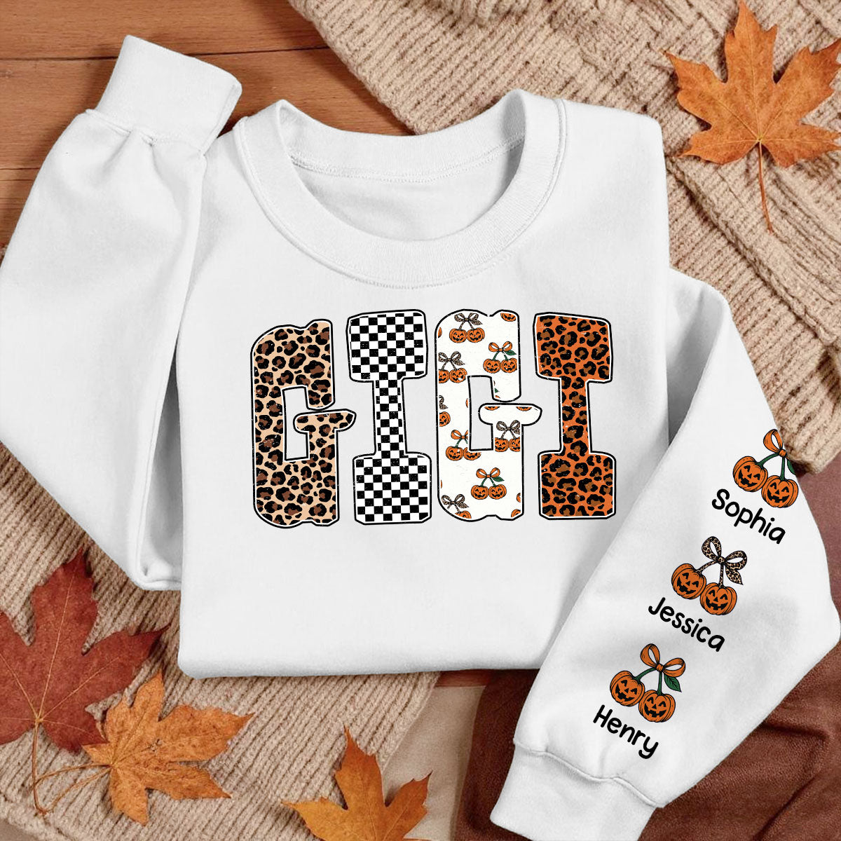 Trendy Fall Mama Personalized Sweatshirt – Leopard, Pumpkin & Checkerboard Fall Halloween Sweatshirt