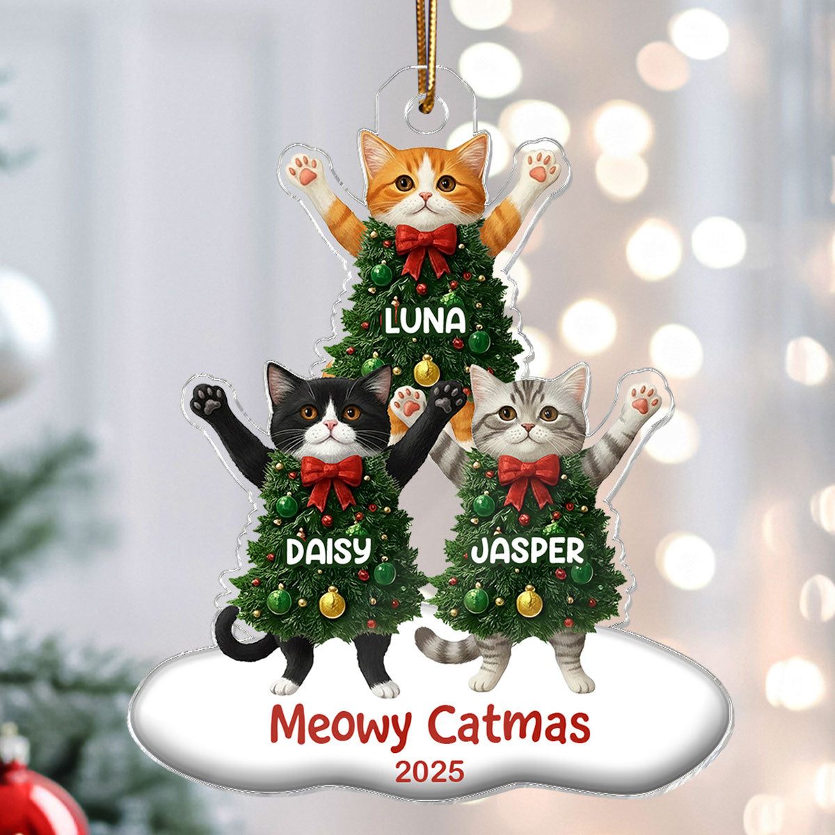 Whimsical Cat Christmas Tree - Personalized Acrylic Ornament - Gift For Cat Lover