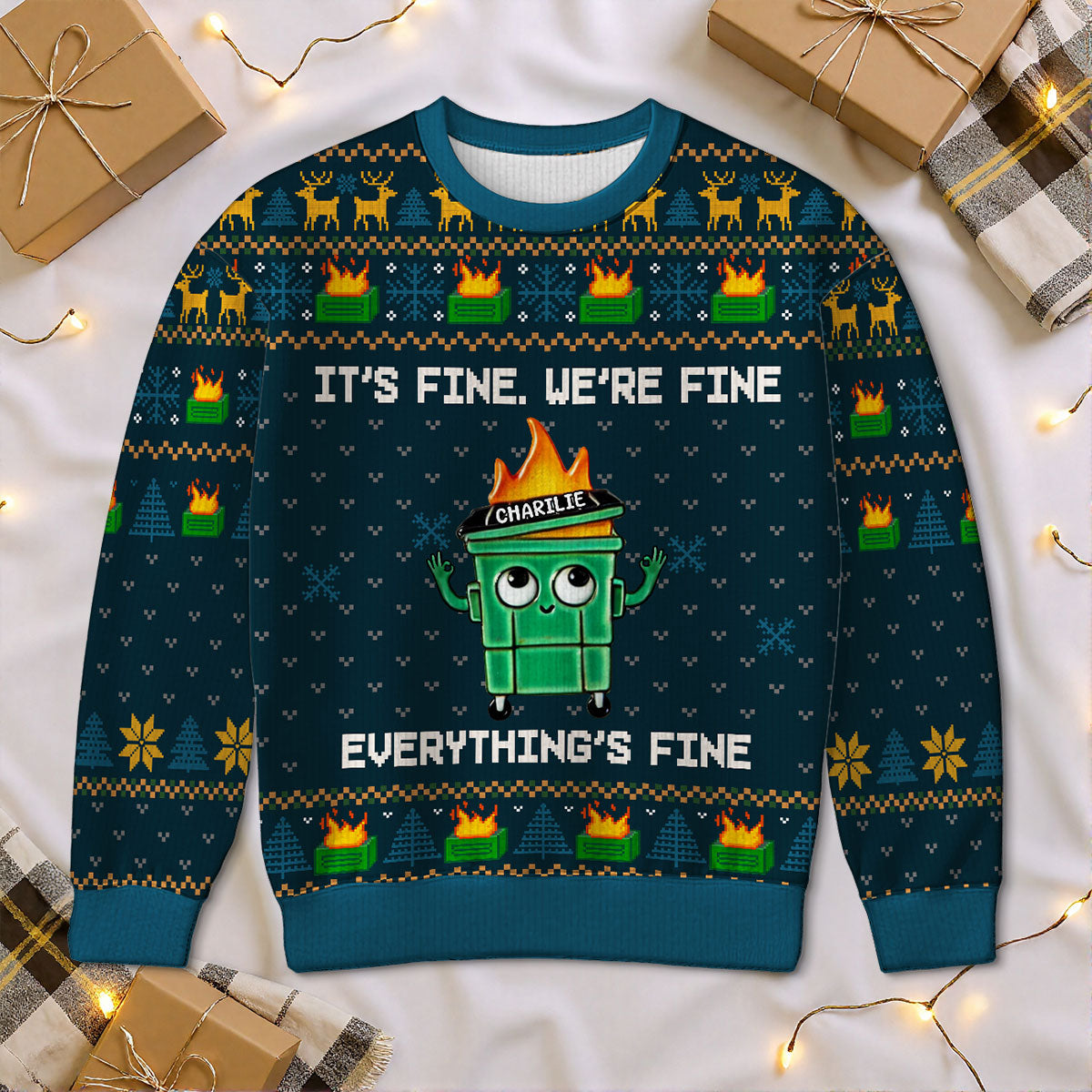 I'm Fine Everything Is Fine Dumpster Fire Funny Office Staff - Personalized Faux Knitting Ugly Sweater - Christmas Costume