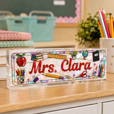 Teacher Name Faux Stained Glass - Personalized Acrylic Desk Name Plate – Classroom Desk Decor