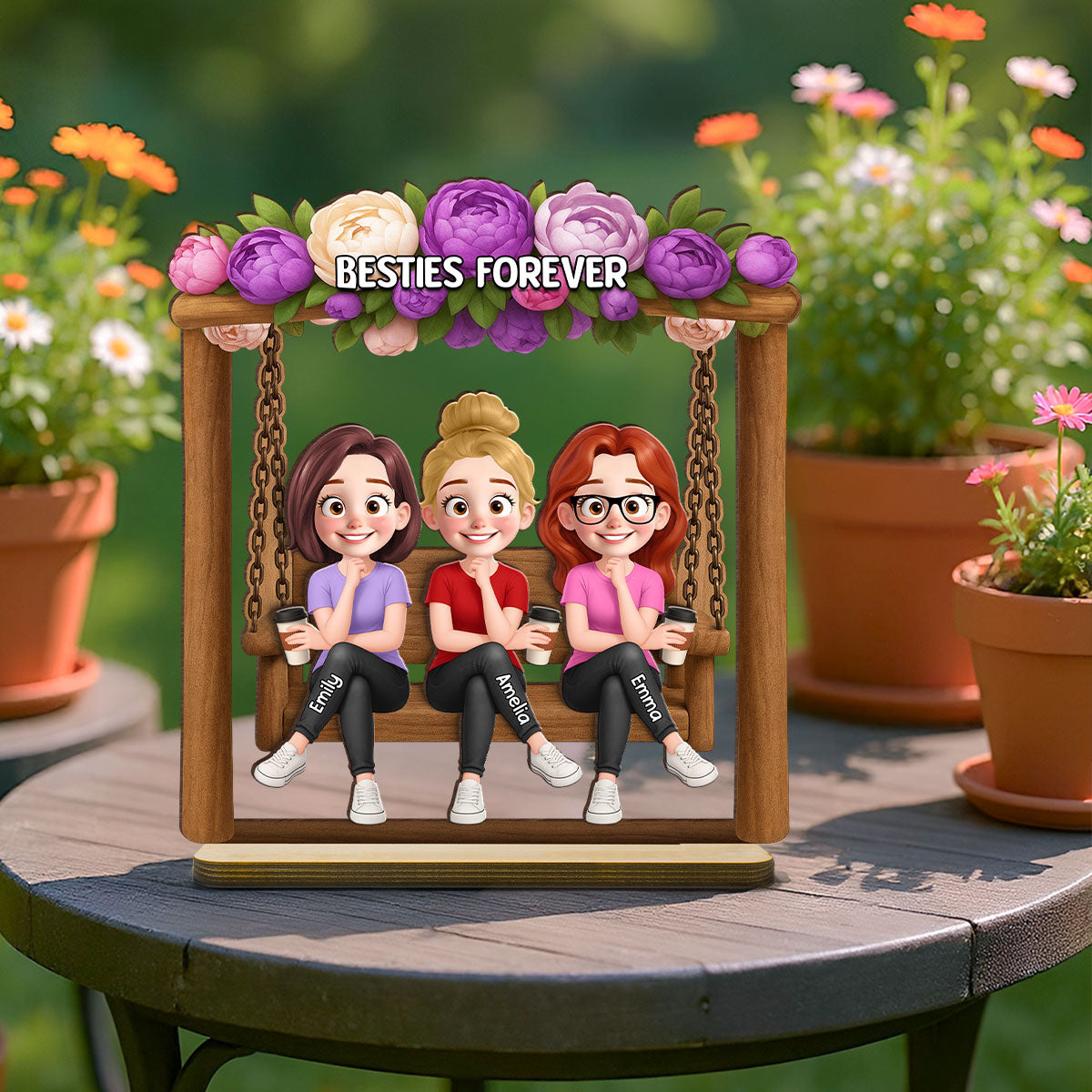 Pretty Besties Sisters On Swing Flowers 3D Effect Personalized Standing Wooden Plaque