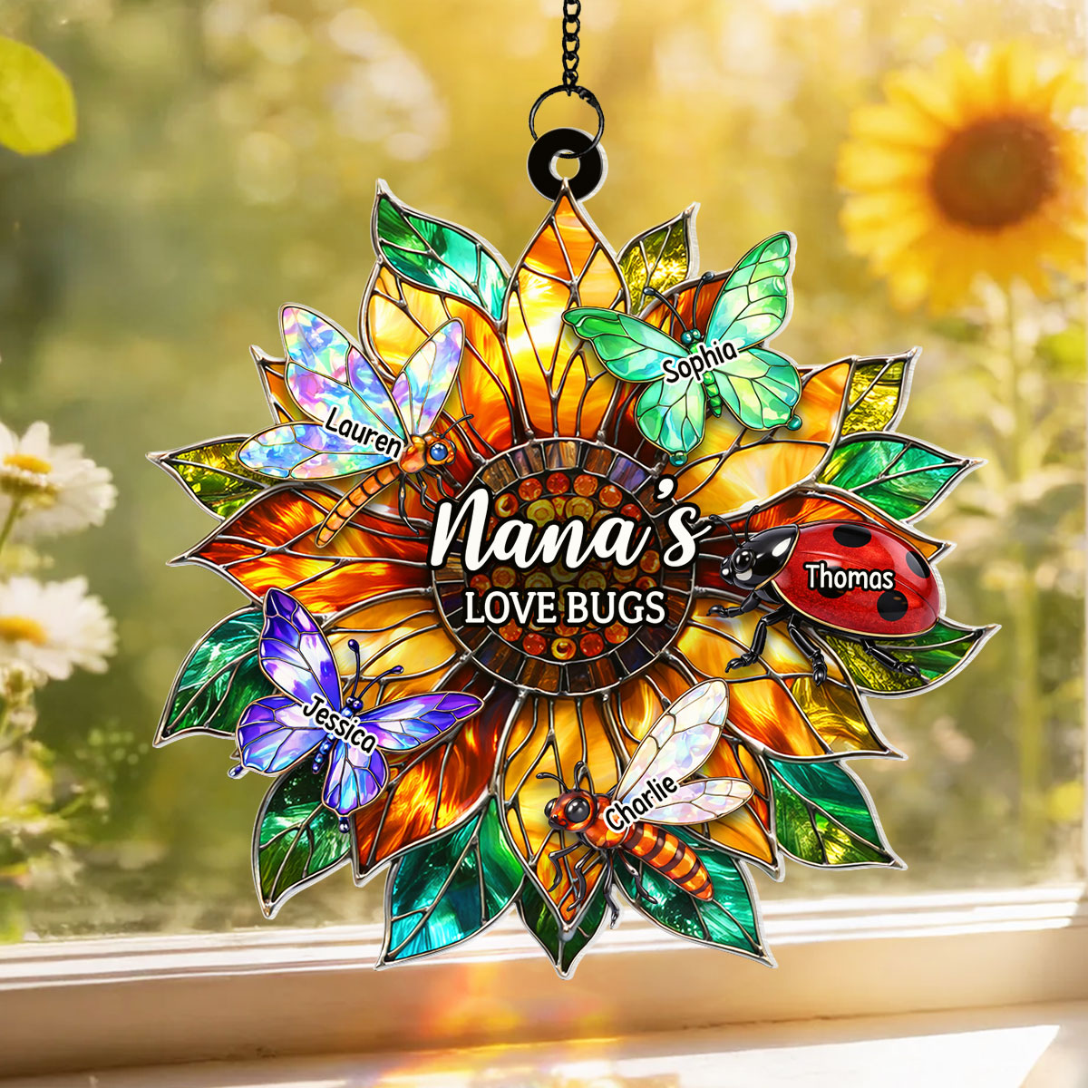 Grandma's Love Bugs Sunflower - Personalized Acrylic Window Hanging - Mother's Day Gift for Mom, Grandma, Wife