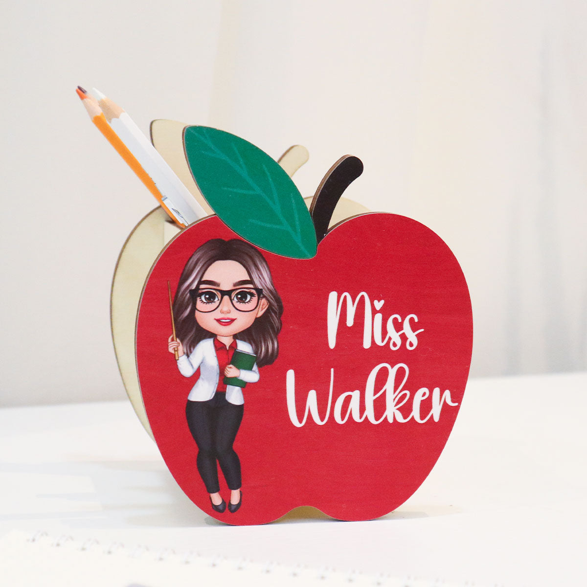 Happy Doll Teacher Personalized Apple Shaped Pen Pencil Holder, Office Decor for Teacher