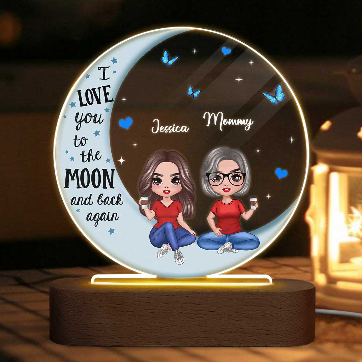 Mom And Children Blue Moon Personalized Circle LED Night Light Acrylic LED Lamp