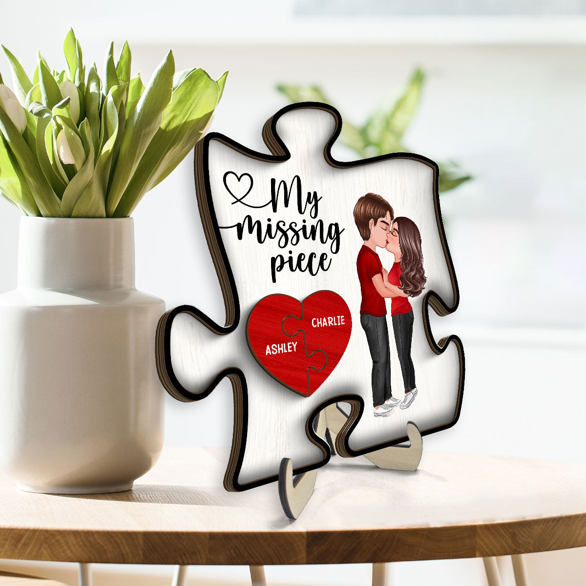 My Missing Piece Doll Couple Kissing Valentine‘s Day Gift Puzzle Shaped Personalized 2-Layer Wooden Plaque