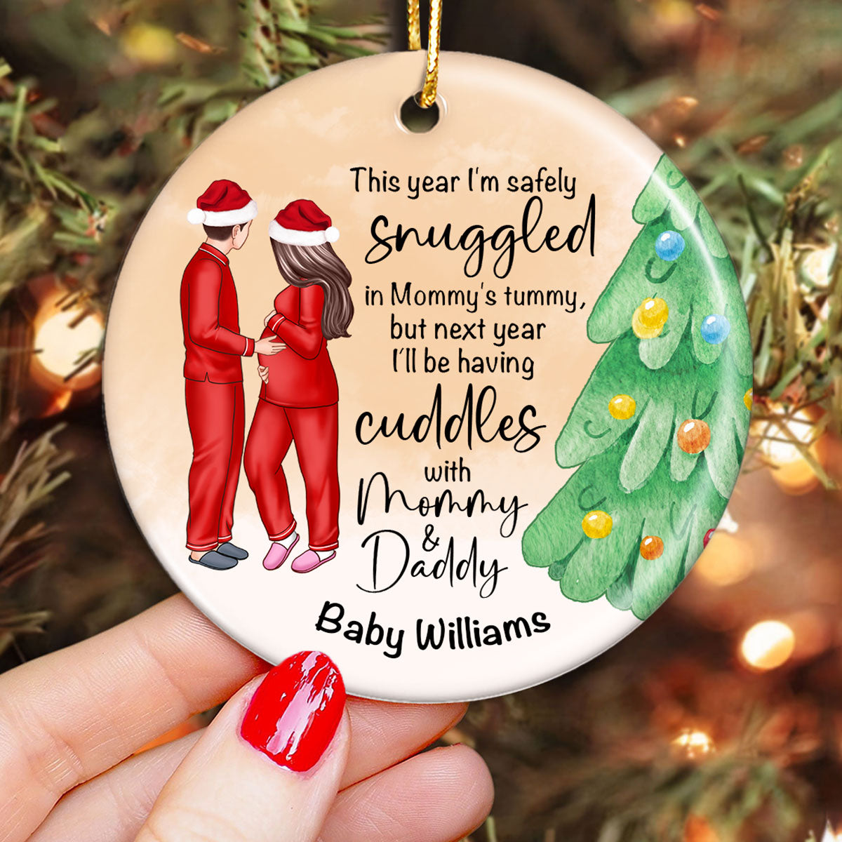 Bump Christmas, Pregnant Couple Ornament, Snuggled in Mommy's Tummy, Personalized Circle Ceramic Ornament