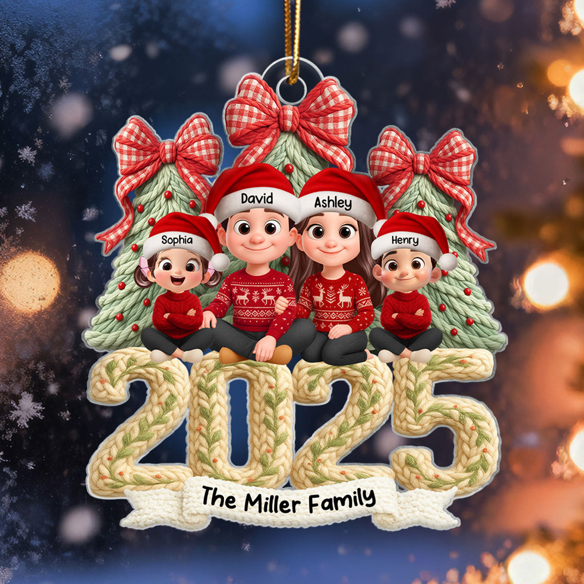 Family Sitting 2025 Latch Hook Yarn Faux - Personalized Acrylic Ornament - Christmas Gift for Family