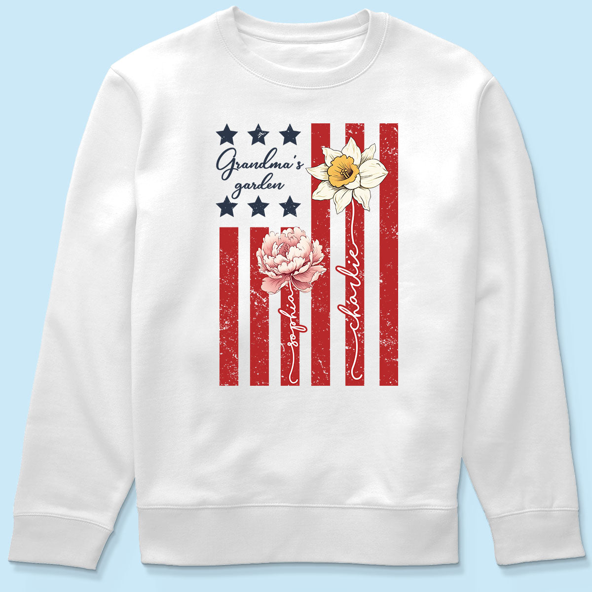 Grandma's Garden 4th Of July American Flag Personalized Shirt, Birth Month Flower, Gift For Grandma