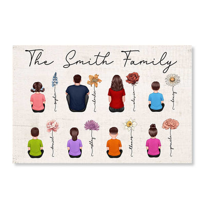 Family Vintage Birth Month Flowers Personalized Horizontal Poster, Gift For Grandma, Mom, Auntie