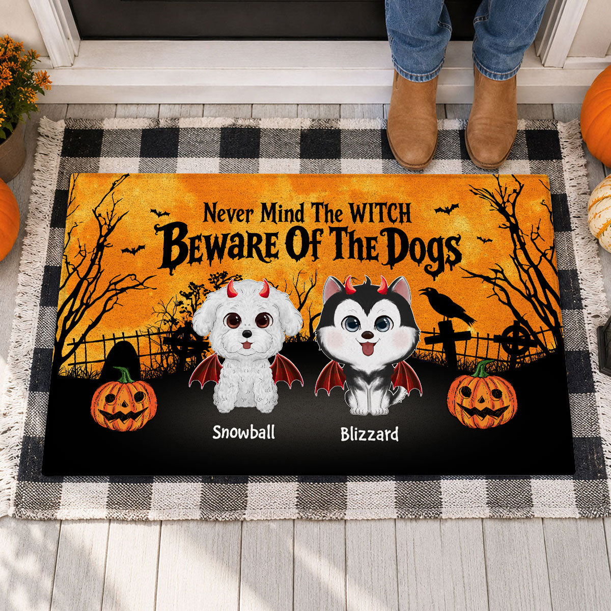 Halloween Theme Never Mind The Witch Beware Of The Dogs - Personalized Doormat - Halloween Decor For Dog Lovers