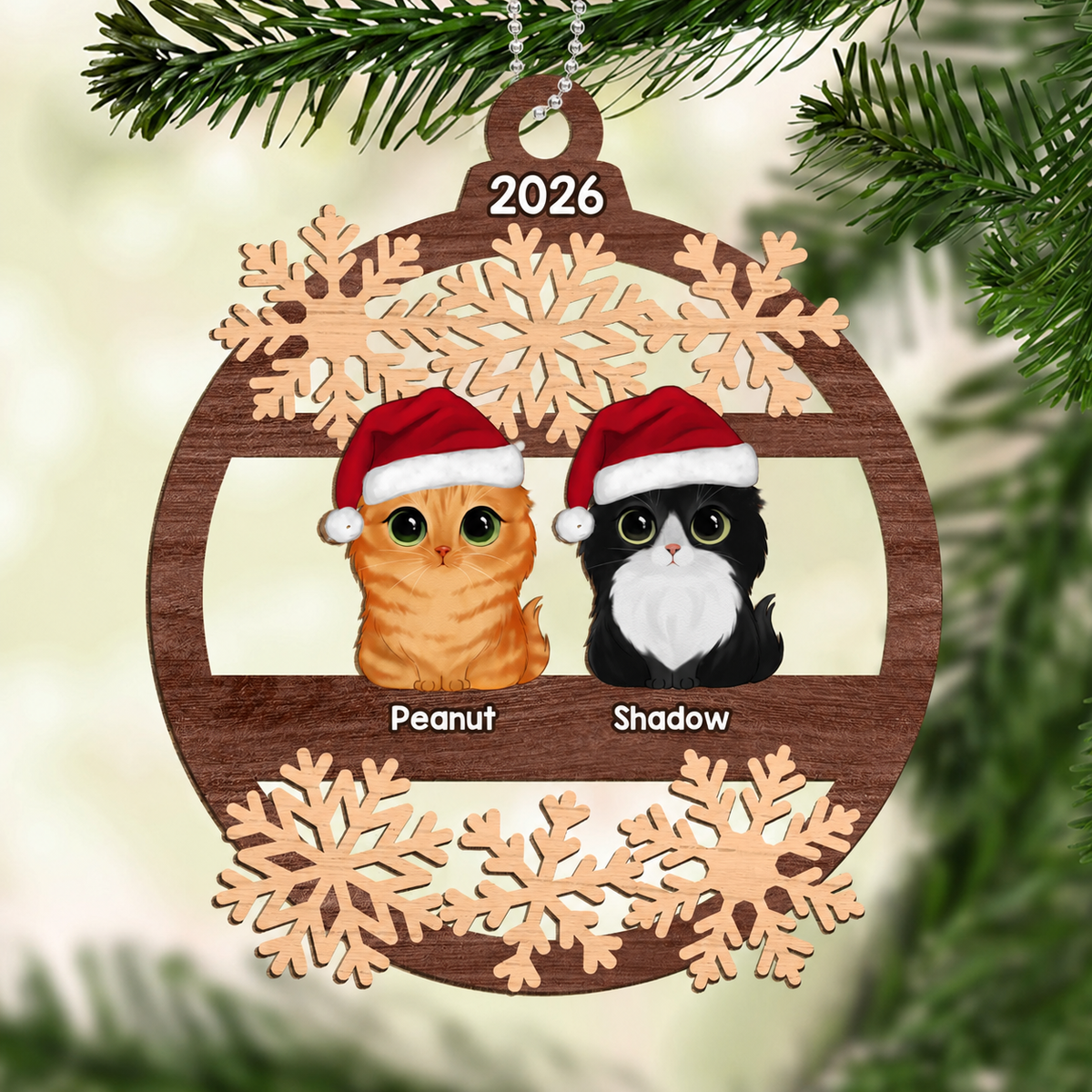 Snowflake Dogs Cats Christmas Sitting Personalized Wooden Ornament