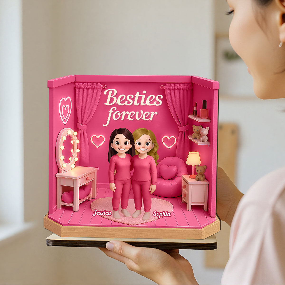 3D Effect Besties Pink Tone Dream Dollhouse Personalized Flat Standing Wooden Plaque