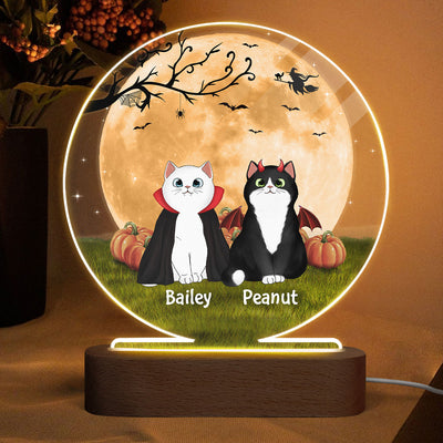 Fluffy Cat Halloween Full Moon Personalized Circle LED Night Light