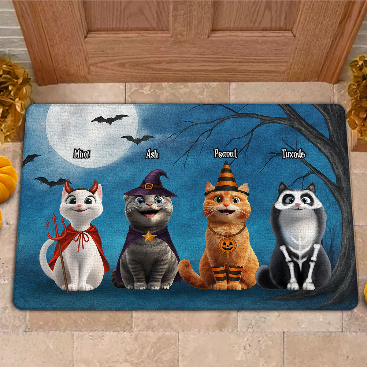 Halloween Cute Cats Sitting in the Moon Light Personalized Doormat, Halloween Decor for Cat Lovers