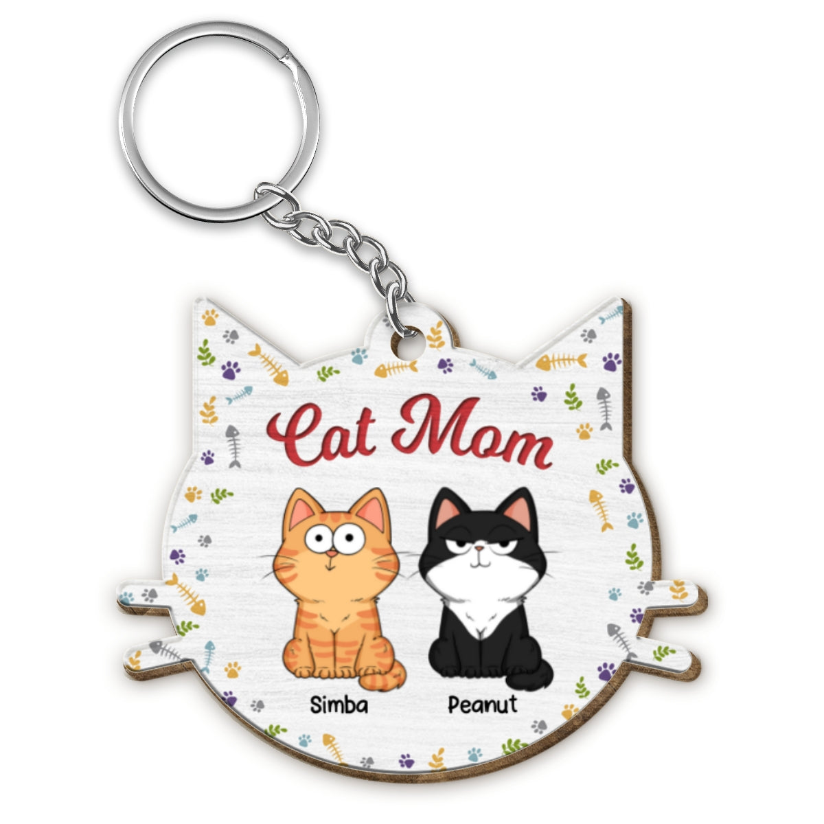 Funny Cat Expressions Personalized Cat Face Shaped Wooden Keychain