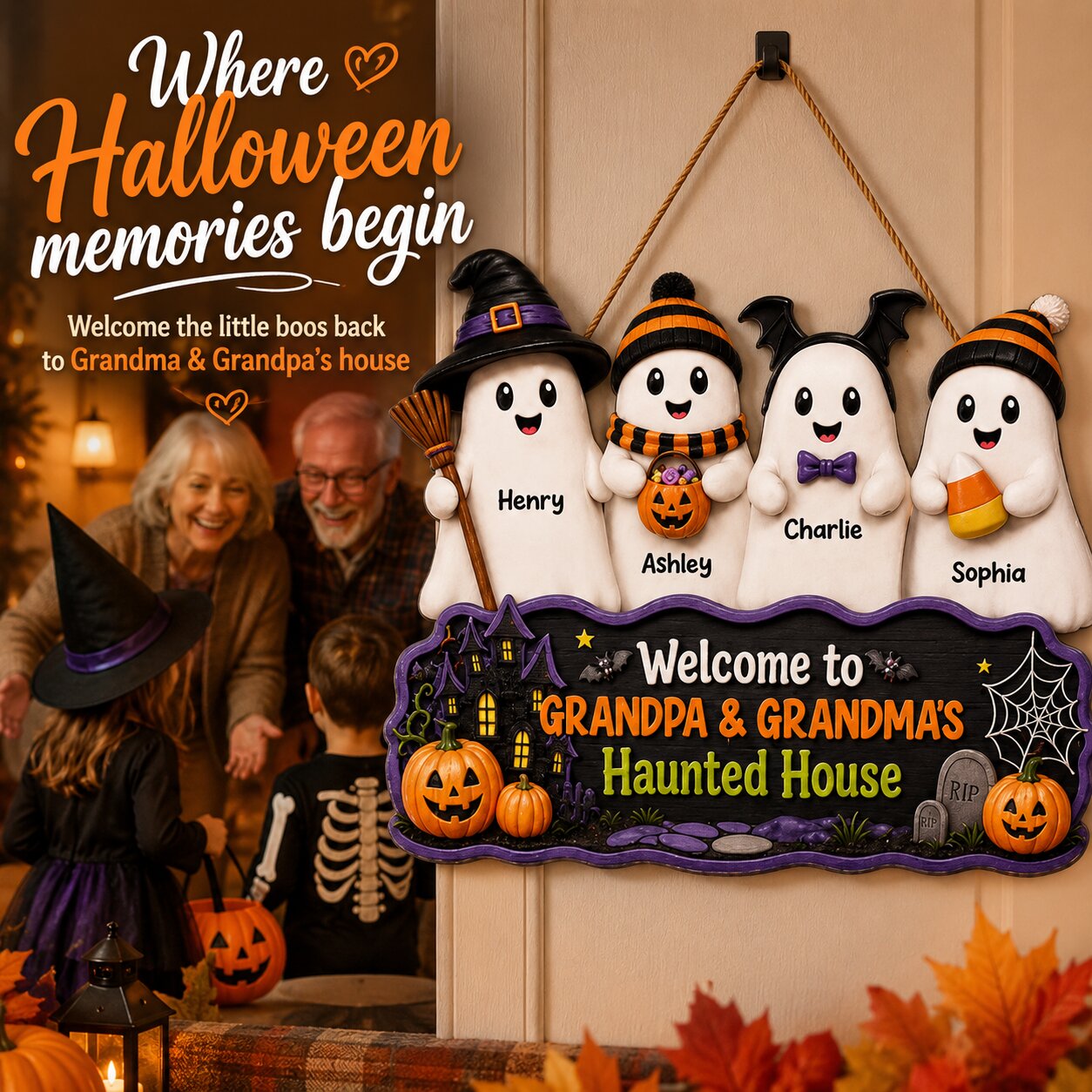 Halloween Welcome To Grandma Grandpa Haunted House Cute Boo Kids - Personalized Wood Sign - Halloween Decoration For Grandparents