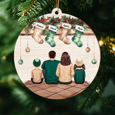 Vintage Christmas Stockings Family Sitting Personalized Wooden Ornament, Christmas Gift For Family