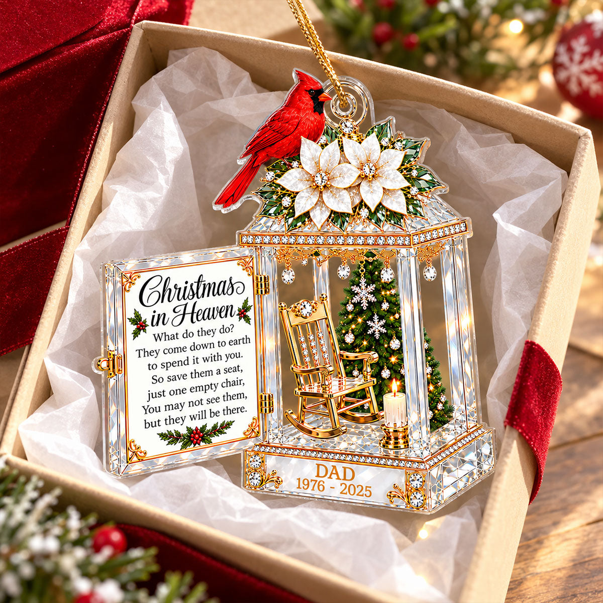 Cardinal Lantern Christmas In Heaven Crystal Effect 2D Falt - Personalized Acrylic Ornament - Remembrance Memorial Gift For Loss Of Loved One