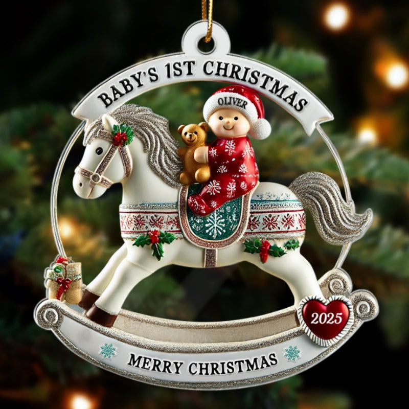 Baby First Christmas Newborn On Horse Keepsake 3D Effect Personalized Acrylic Ornament