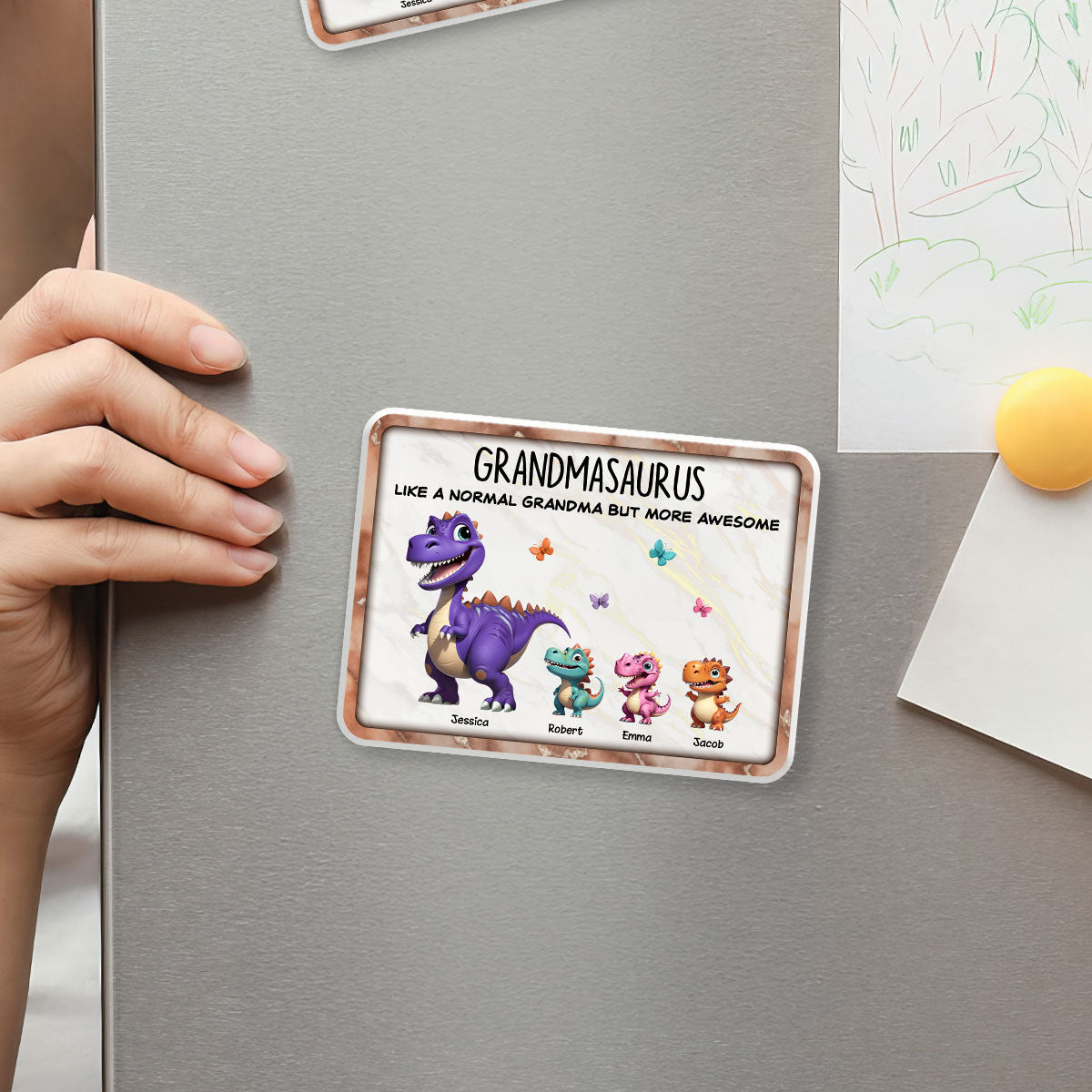 Grandmasaurus And Kids 3D Effect Dinosaurs Personalized Acrylic Fridge Magnet, Gift For Grandma