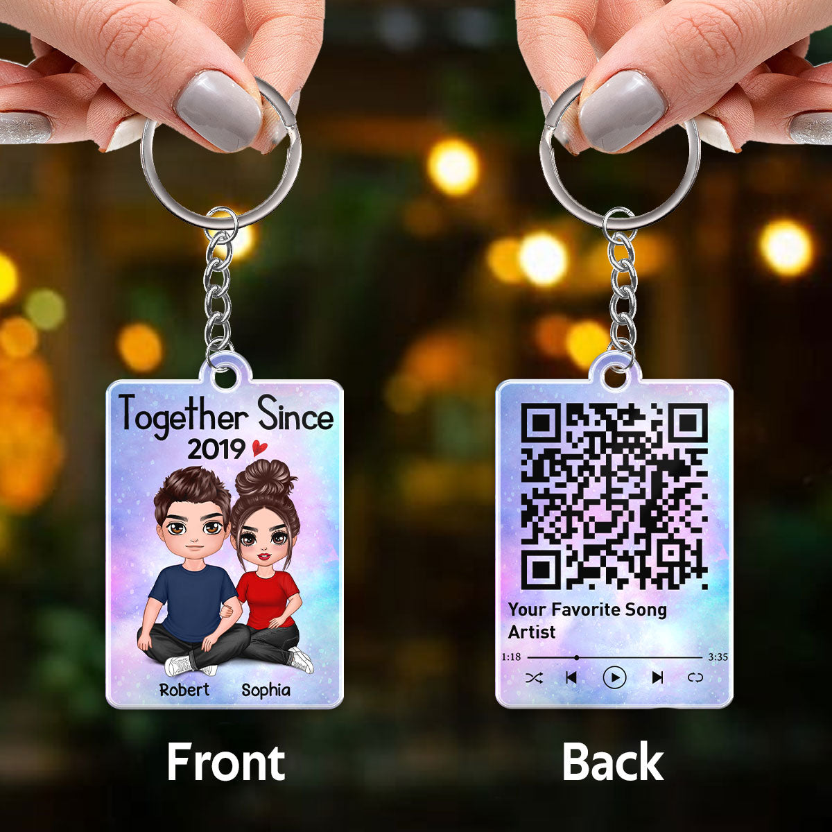 Doll Couple Embracing Sitting Favorite Song QR Code Personalized Acrylic Keychain