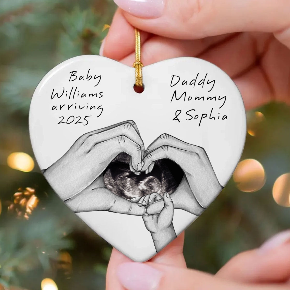 Pregnancy Baby Bump Christmas Tree Decoration, Last Christmas as a Family of 3, Baby Scan Photo Ceramic Ornament, Baby Arriving Next Year