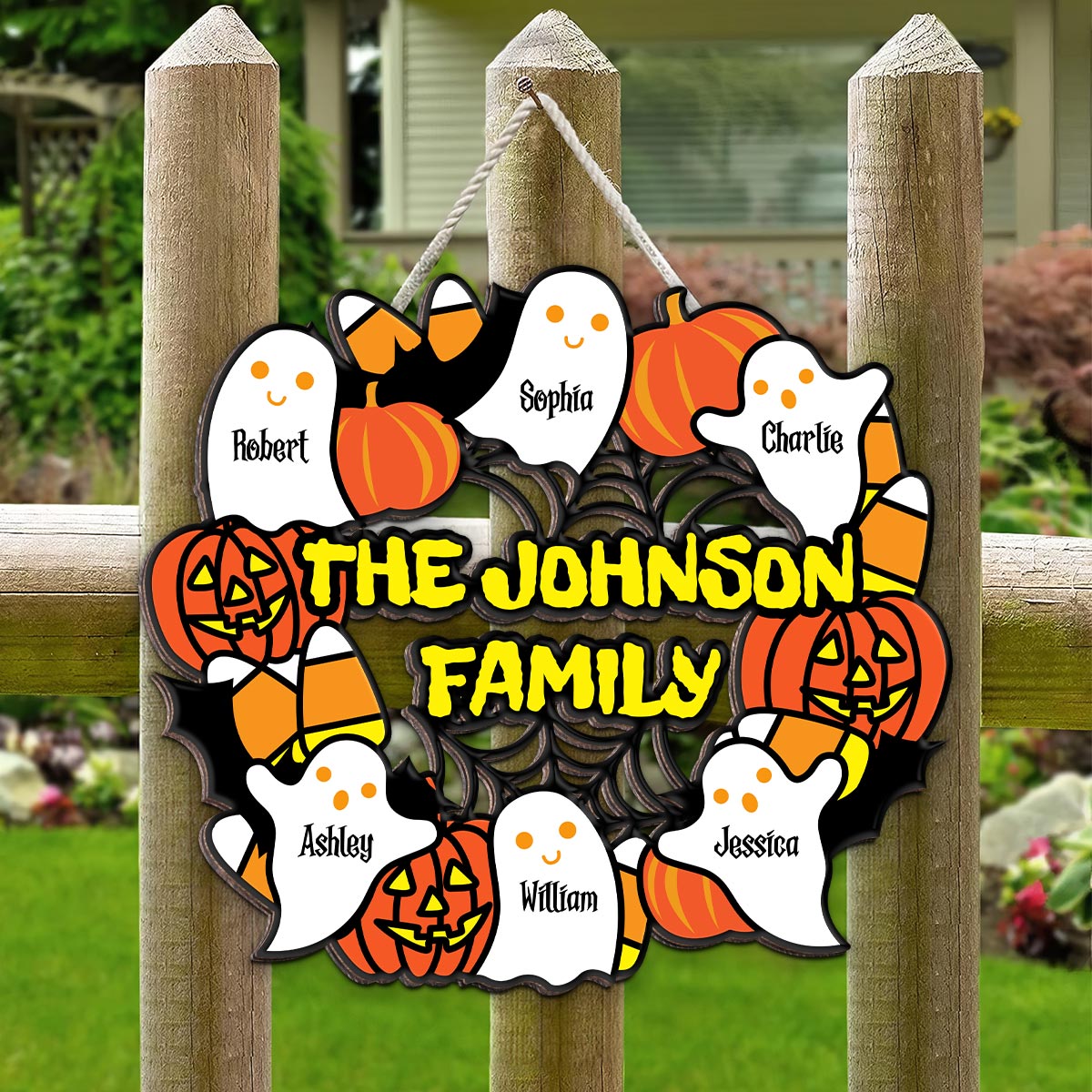 Halloween Family Wreath Shaped Personalized Wood Sign