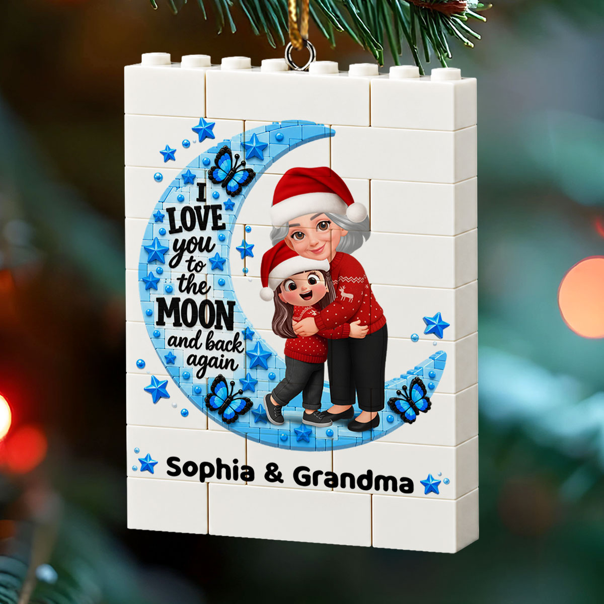 Heartwarming Grandma Hugging Grandkid Love You To The Moon And Back - Personalized Building Blocks Ornament - Christmas Gift For Kids, Son, Grandson, Daughter, Granddaughter