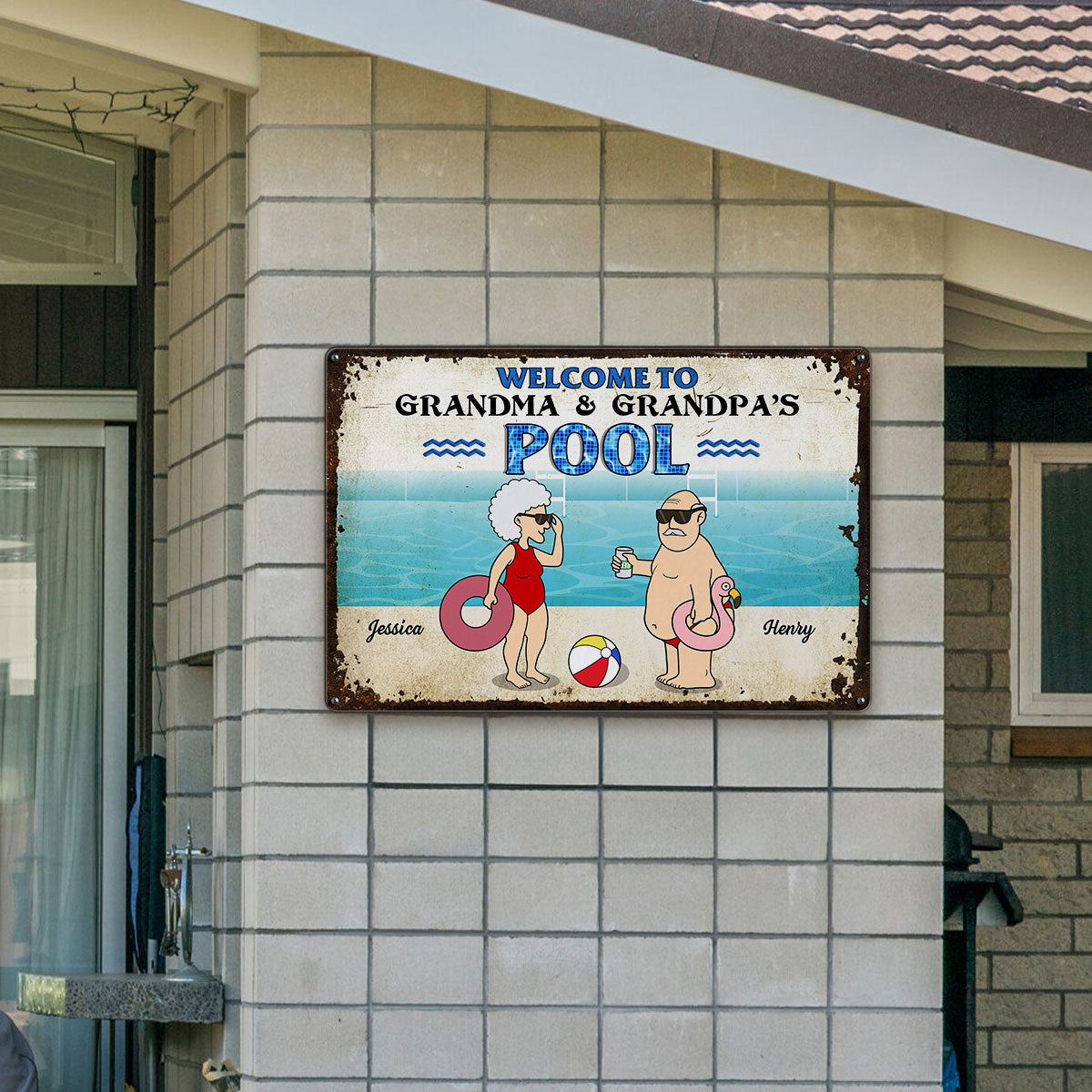 Welcome To Grandma Grandpa Pool, Funny Cartoon Personalized Metal Sign