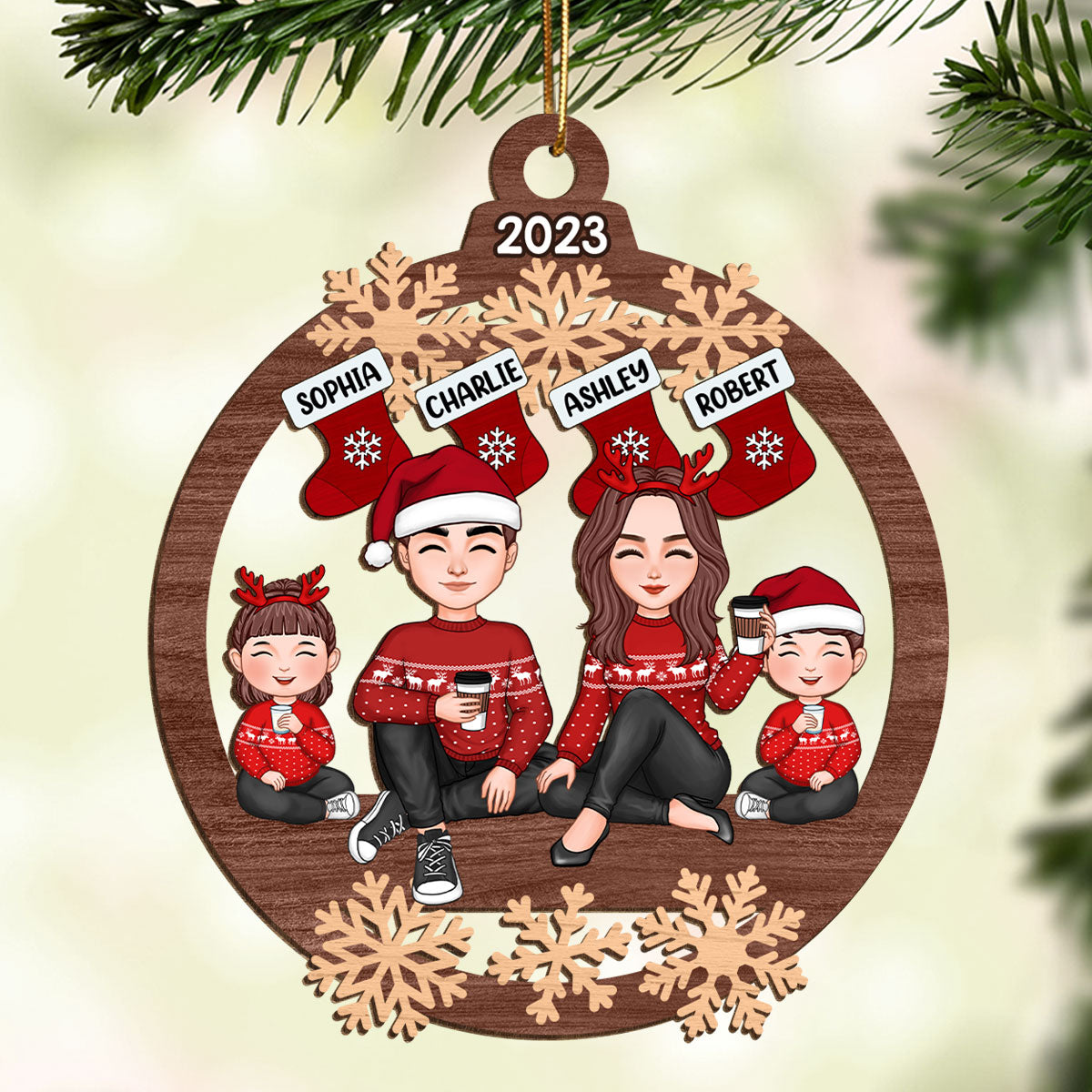 Doll Family Sitting Under Christmas Stocking Personalized Wooden Ornament
